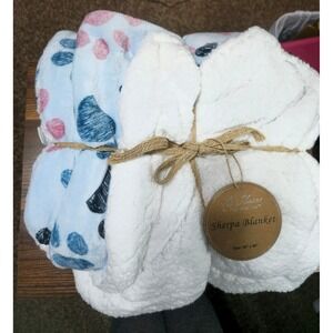 At Home by Mirabeau Sherpa Blanket 50x60 Blue Pink Paw Print Throw NEW